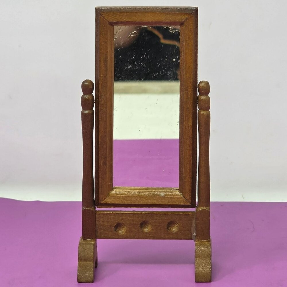 Vintage Miniature Dollhouse Wood Swivel Floor Length Vanity Mirror With Stand